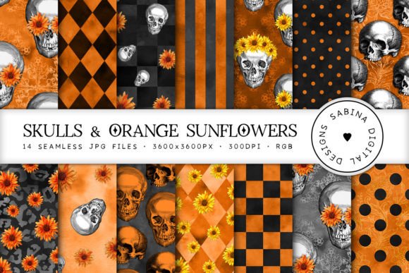 Skulls Orange Sunflowers Digital Paper: Seamless, Versatile Backgrounds for Creative Projects